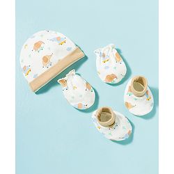 Babyhug 100% Cotton Knit Cap Mittens & Booties With Elephant Print Multicolor - Diameter 17 cm