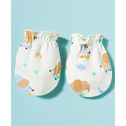Babyhug 100% Cotton Knit Cap Mittens & Booties With Elephant Print Multicolor - Diameter 17 cm