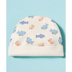 Babyhug 100% Cotton Knit Cap Mittens & Booties With Shark Print Multicolor - Diameter 17 cm