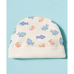 Babyhug 100% Cotton Knit Cap Mittens & Booties With Shark Print Multicolor - Diameter 17 cm