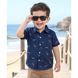 Babyhug Cotton Woven Half Sleeves Aeroplane Printed Shirt- Navy Blue