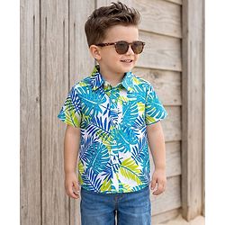 Babyhug Cotton Woven Half Sleeves Tropical Theme Printed Shirt - Blue & Green