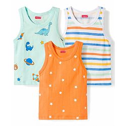 Babyhug Single Jersey 100% Cotton Dino & Star Printed Sleeveless Sandos Pack of 3 - Multicolour