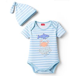 Babyhug 100% Cotton Interlock Knit Half Sleeves Striped Onesies & Cap With Sea Life Theme - Light Blue