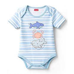 Babyhug 100% Cotton Interlock Knit Half Sleeves Striped Onesies & Cap With Sea Life Theme - Light Blue