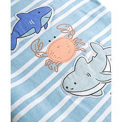 Babyhug 100% Cotton Interlock Knit Half Sleeves Striped Onesies & Cap With Sea Life Theme - Light Blue