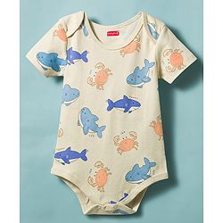 Babyhug 100% Cotton Knit Sea Life Printed Onesies With Cap - Multicolor