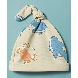 Babyhug 100% Cotton Knit Sea Life Printed Onesies With Cap - Multicolor