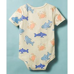 Babyhug 100% Cotton Knit Sea Life Printed Onesies With Cap - Multicolor