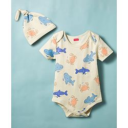 Babyhug 100% Cotton Knit Sea Life Printed Onesies With Cap - Multicolor