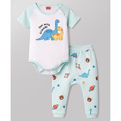 Babyhug 100% Cotton Interlock Knit Half Sleeves Onesie & Diaper Legging With Dino & Rocket Print - Multicolor