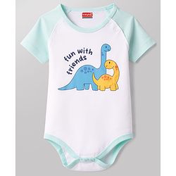 Babyhug 100% Cotton Interlock Knit Half Sleeves Onesie & Diaper Legging With Dino & Rocket Print - Multicolor
