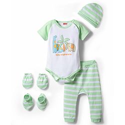Babyhug 100% Cotton Interlock Knit Half Sleeves Onesie & Striped Diaper Leggings With Cap Mittens Booties & Animal Print - Multicolor