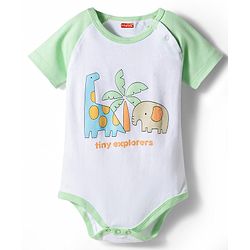 Babyhug 100% Cotton Interlock Knit Half Sleeves Onesie & Striped Diaper Leggings With Cap Mittens Booties & Animal Print - Multicolor