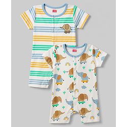 Babyhug 100% Cotton Interlock Knit Half Sleeves Romper With Animal Print Pack of 2 - Multicolor
