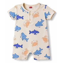 Babyhug 100% Cotton Interlock Knit Half Sleeves Romper With Sea Life Print Pack of 2 - Multicolor
