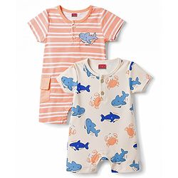 Babyhug 100% Cotton Interlock Knit Half Sleeves Romper With Sea Life Print Pack of 2 - Multicolor
