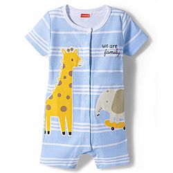 Babyhug 100% Cotton Knit Half Sleeves Striped Giraffe & Elephant Embroidered Romper - Multicolor
