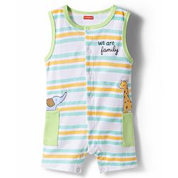 Babyhug 100% Cotton Knit Sleeveless Striped & Animal Embroidered Romper - Multicolor