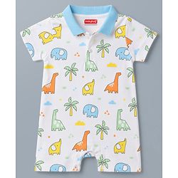 Babyhug 100% Cotton Knit Half Sleeves Romper with Dino Print - Multicolor