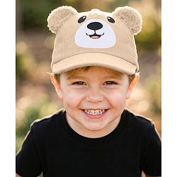 Babyhug Corduroy Woven Baseball Cap With Face Embroidery & Ear Applique Beige - Diameter 15 cm