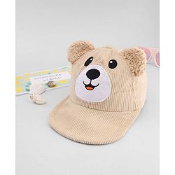 Babyhug Corduroy Woven Baseball Cap With Face Embroidery & Ear Applique Beige - Diameter 15 cm