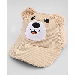 Babyhug Corduroy Woven Baseball Cap With Face Embroidery & Ear Applique Beige - Diameter 15 cm