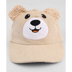 Babyhug Corduroy Woven Baseball Cap With Face Embroidery & Ear Applique Beige - Diameter 15 cm