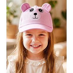 Babyhug Cotton Woven Baseball Cap With Face Embroidery & Ear Applique Pink - Diameter 15 cm