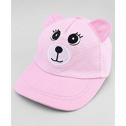 Babyhug Cotton Woven Baseball Cap With Face Embroidery & Ear Applique Pink - Diameter 15 cm