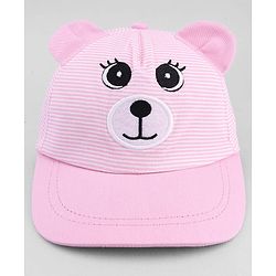 Babyhug Cotton Woven Baseball Cap With Face Embroidery & Ear Applique Pink - Diameter 15 cm
