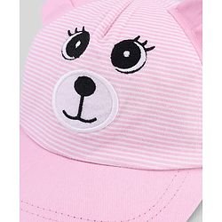 Babyhug Cotton Woven Baseball Cap With Face Embroidery & Ear Applique Pink - Diameter 15 cm