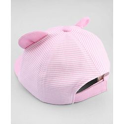 Babyhug Cotton Woven Baseball Cap With Face Embroidery & Ear Applique Pink - Diameter 15 cm