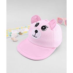 Babyhug Cotton Woven Baseball Cap With Face Embroidery & Ear Applique Pink - Diameter 15 cm