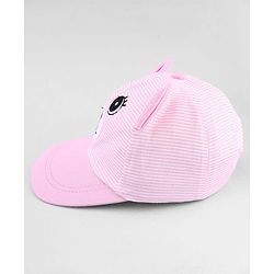 Babyhug Cotton Woven Baseball Cap With Face Embroidery & Ear Applique Pink - Diameter 15 cm