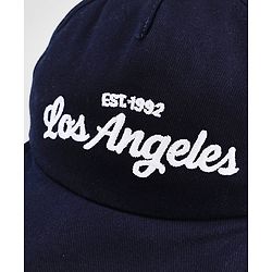 Babyhug Woven Baseball Cap With Los Angeles Text Embroidery Navy Blue - Diameter 17 cm