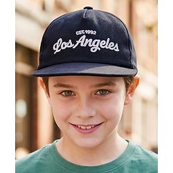 Babyhug Woven Baseball Cap With Los Angeles Text Embroidery Navy Blue - Diameter 17 cm
