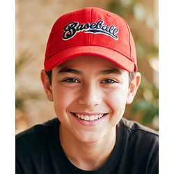 Babyhug Woven Baseball Cap With Text Embroidery Red - Diameter 18.5 cm