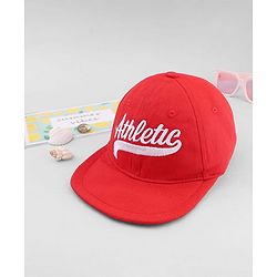 Babyhug 100% Cotton Woven Baseball Cap With Athletic Text Embroidery Red - Diameter 17.5 cm