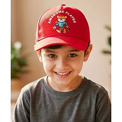 Babyhug 100% Cotton Woven Baseball Cap With Animal Print & Embroidery Red - Diameter 17 cm