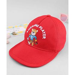 Babyhug 100% Cotton Woven Baseball Cap With Animal Print & Embroidery Red - Diameter 17 cm