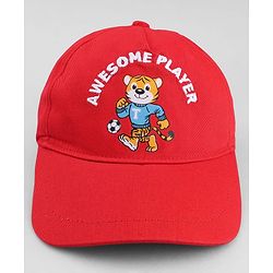 Babyhug 100% Cotton Woven Baseball Cap With Animal Print & Embroidery Red - Diameter 17 cm