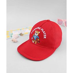 Babyhug Cotton Woven Baseball Cap With Animal Print & Embroidery Red - Diameter 17.5 cm