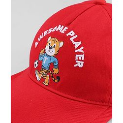 Babyhug Cotton Woven Baseball Cap With Animal Print & Embroidery Red - Diameter 17.5 cm
