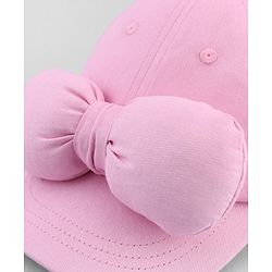 Babyhug Cotton Woven Baseball Cap with Bow Applique Pink- Diameter 19 cm