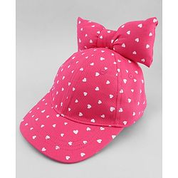 Babyhug Cotton Woven Baseball Cap with Heart Print & Bow Applique Pink- Diameter 18 cm