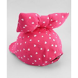 Babyhug Cotton Woven Baseball Cap with Heart Print & Bow Applique Pink- Diameter 18 cm