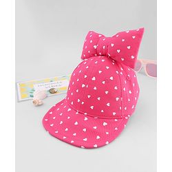 Babyhug Cotton Woven Baseball Cap with Heart Print & Bow Applique Pink- Diameter 18 cm