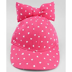 Babyhug Cotton Woven Baseball Cap with Heart Print & Bow Applique Pink- Diameter 18 cm