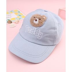 Babyhug Cotton Woven Baseball Cap With Teddy Embroidery Blue - Diameter 20.5 cm